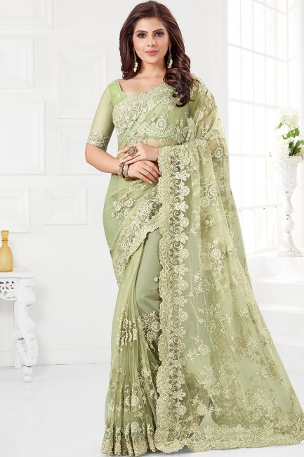 mint Green Embroidered Saree in Net