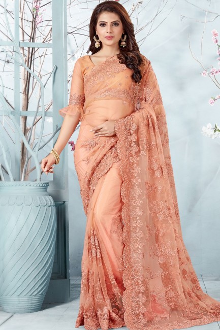 Fascinating Net Saree with Embroidered in Peach
