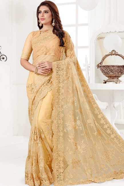 Yellow Net Embroidered Saree with Blouse