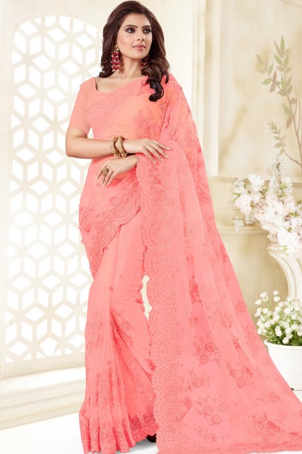 Exquisite Net Pink Saree in Embroidered