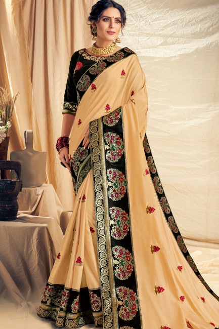 Embroidered Satin & Silk Saree in Cream with Blouse