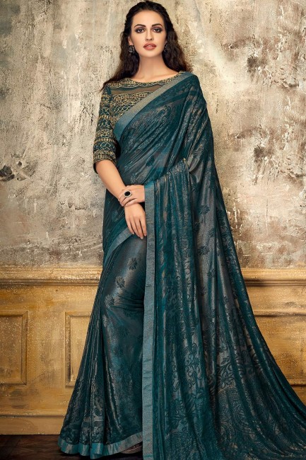 Teal Blue Saree in Lycra with Embroidered