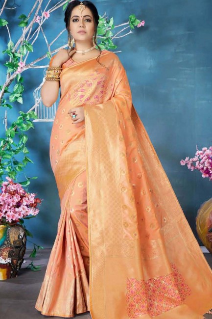 Peach Art Silk Saree with Weaving
