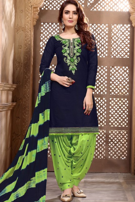 Satin Patiala Suits with Cotton in Navy Blue