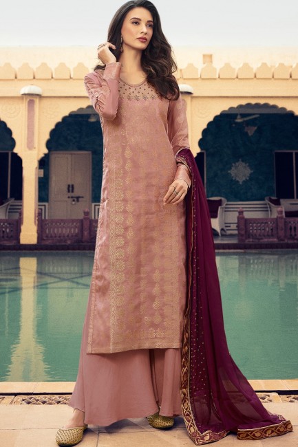 Baby Pink Silk Jacquard Palazzo Suits with dupatta