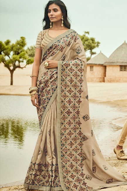 Cream Silk Embroidered Saree with Blouse