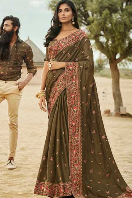 Silk Saree in Dark olive Green with Embroidered