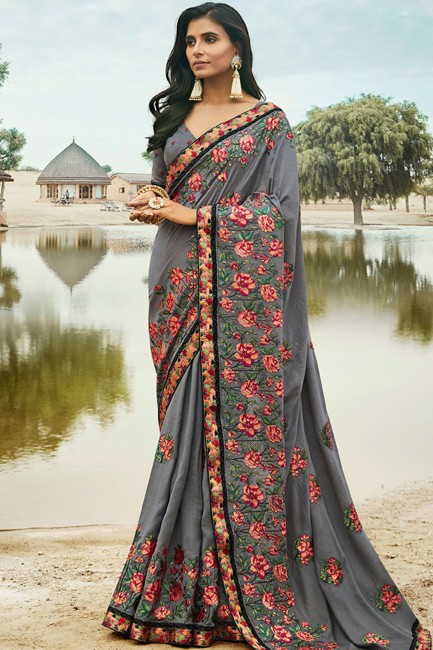 Fashionable Saree in Grey Silk with Embroidered