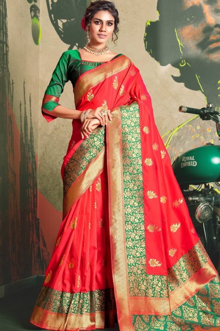 Ethinc Red Saree in Weaving Art Silk