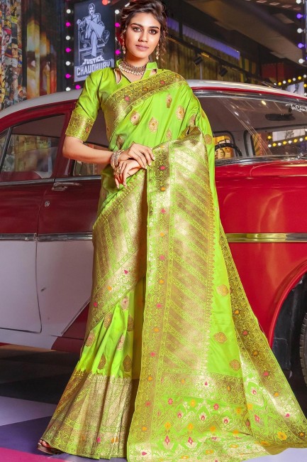 Weaving Art Silk Saree in parrot Green
