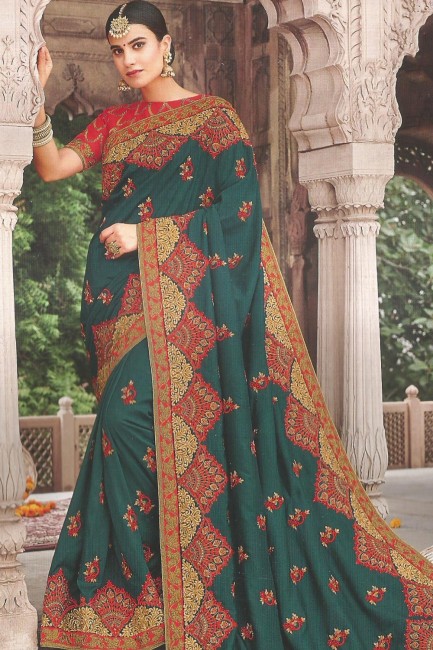 Stylish Teal Blue Embroidered Saree in Art Silk