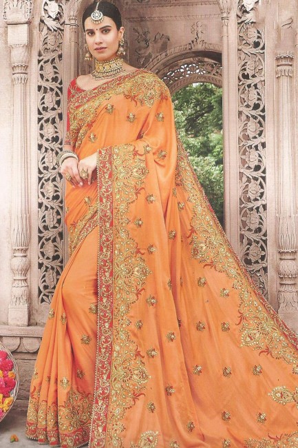 Art Silk Orange Saree in Embroidered