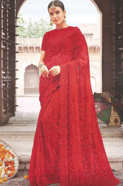 Contemporary Red Embroidered Net Saree