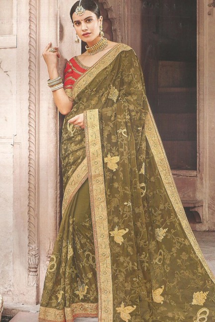 Saree in Olive Green Georgette with Embroidered