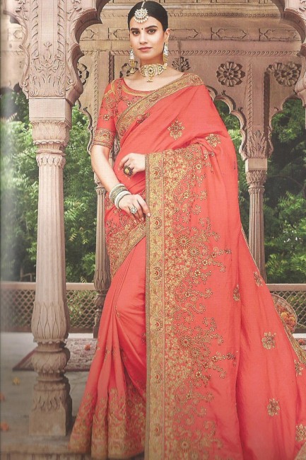 Crimson Red Saree with Embroidered Art Silk