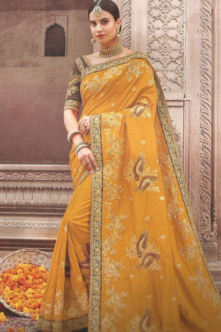 Mustard Yellow Art Silk Embroidered Saree with Blouse