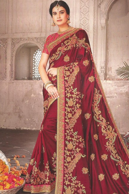 Art Silk Saree with Embroidered in Maroon