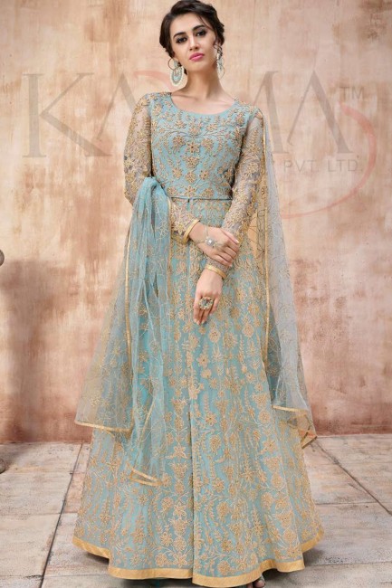 sky Blue Net Churidar Anarkali Suits with Net
