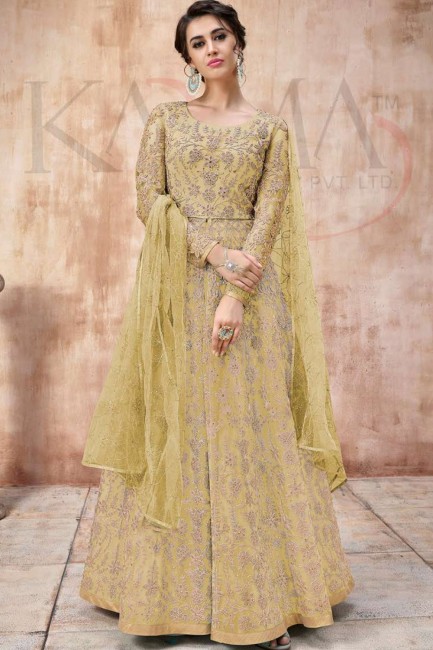 Pear Green Net Churidar Anarkali Suits with Net