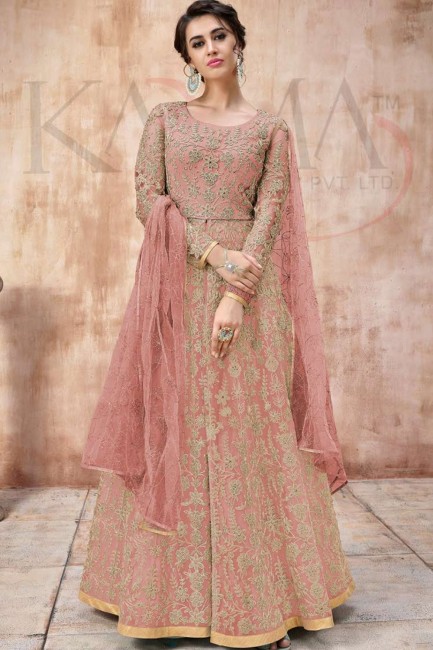 Pink Net Churidar Anarkali Suits