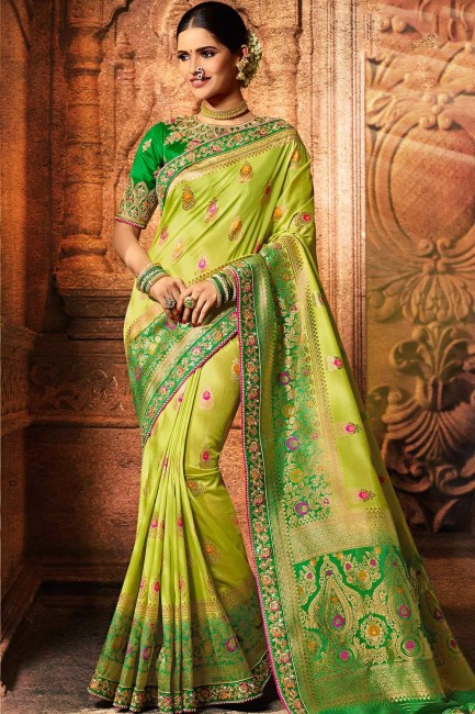 Embroidered Saree in Light Green Art Silk