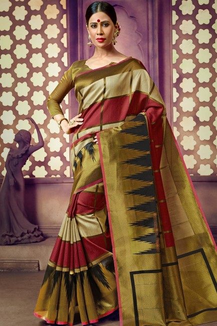 Weaving Art Silk Saree in olive green Maroon with Blouse