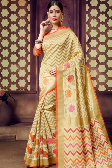 Contemporary Weaving Art Silk Cream Saree Blouse