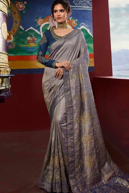 Traditional Grey Saree with Embroidered Art Silk