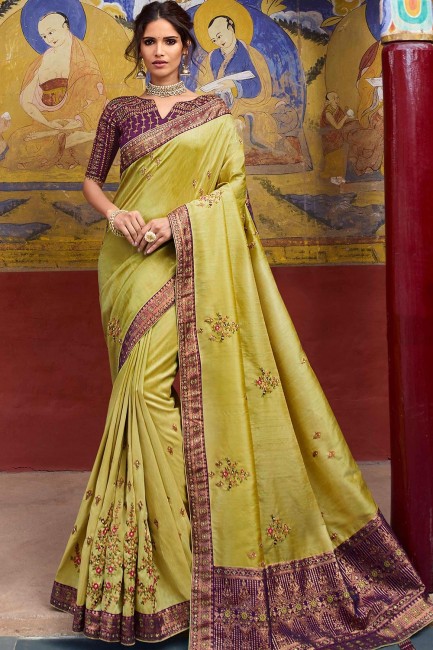 pear Green Saree with Embroidered Art Silk