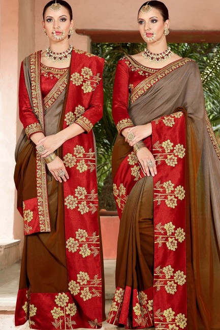 Embroidered Silk Saree in Brown & Grey