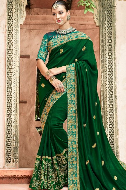 Adorable Embroidered Silk Saree in Green
