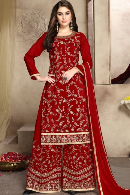 Silk Sharara Suits in Red Silk
