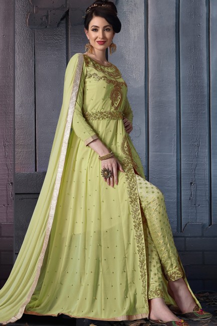 Light Green Straight Pant Anarkali Suits in Georgette with Georgette