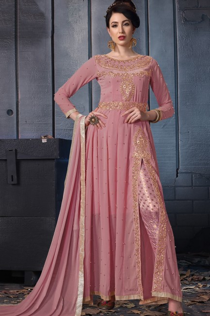 Pink Georgette Straight Pant Anarkali Suits