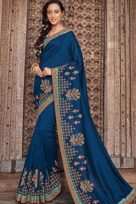 Embroidered Art Silk Saree in Royal Blue