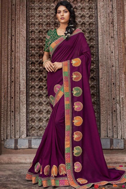 Embroidered Saree in Wine  Art Silk