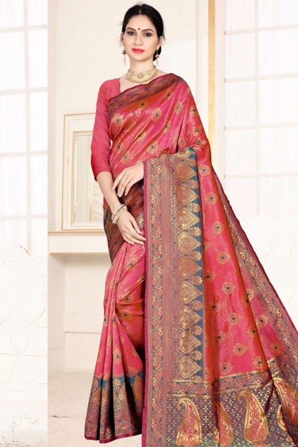Dark Pink Art Silk Saree with Weaving