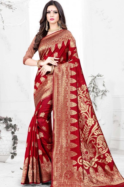 Contemporary Silk Weaving Red Saree with Blouse