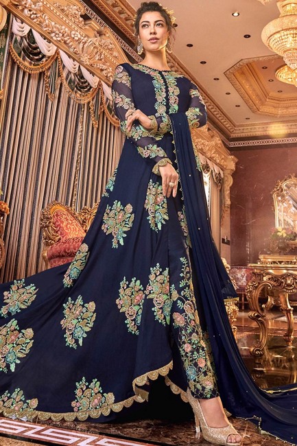 Navy Blue Anarkali Suits in Silk with Satin