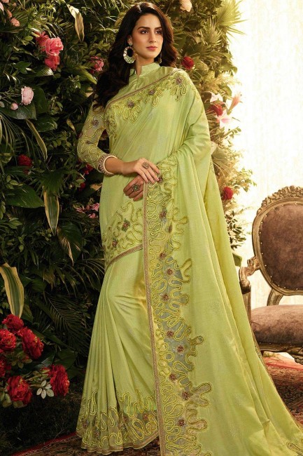 Light Green Embroidered Saree in Net & Art Silk