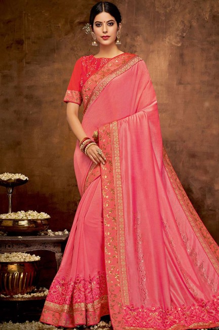 Embroidered Georgette & Silk Saree in Pink with Blouse