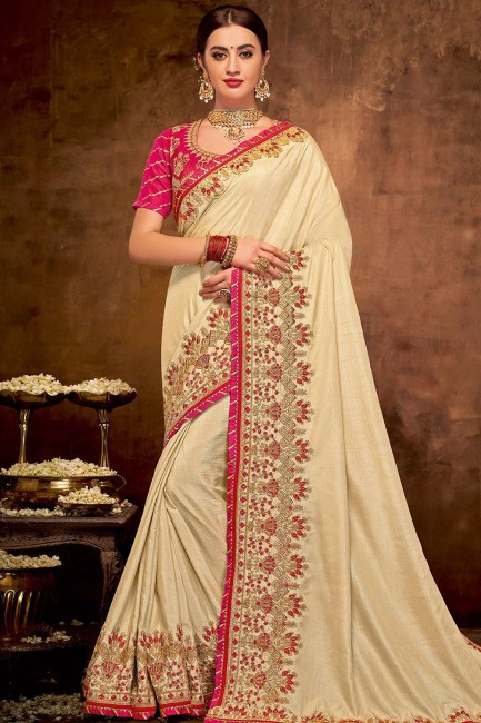 Cream Saree in Embroidered Satin & Silk