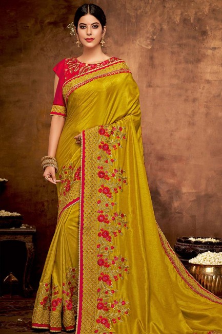 Georgette & Satin Gold & Yellow Saree in Embroidered