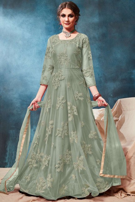 Mint Green Churidar Anarkali Suits in Net with Net