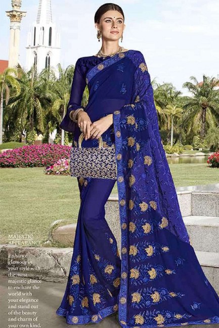 Exquisite Georgette Royal Blue Saree in Embroidered