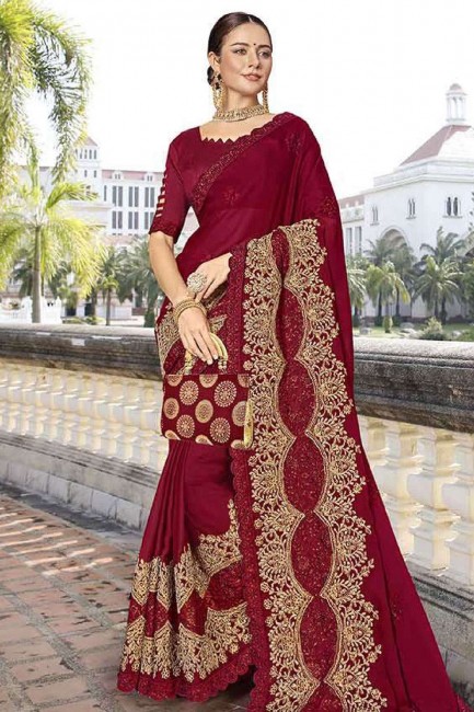 Georgette Saree with Embroidered in Maroon