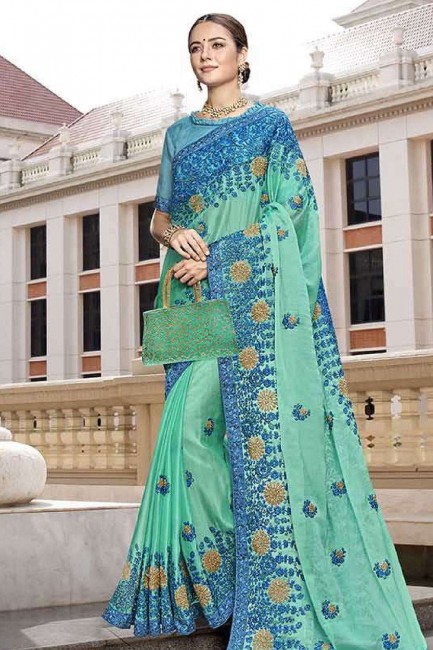 Georgette Saree in Light sea Green with Embroidered