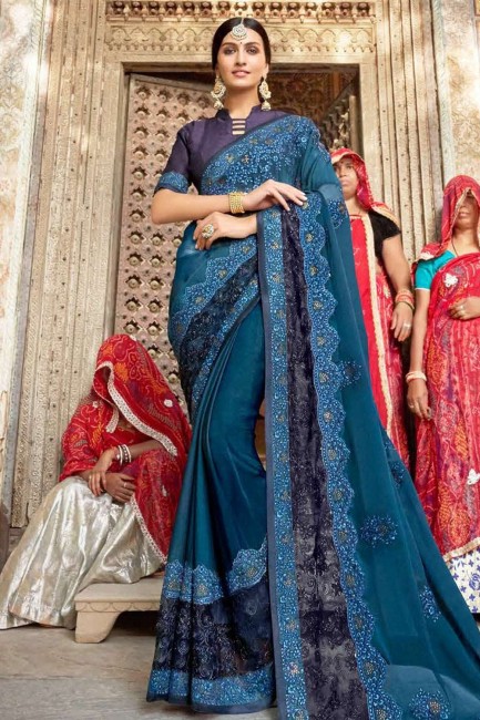 Embroidered Saree in Blue Georgette