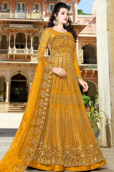 Mustard Yellow Anarkali Suits with Net