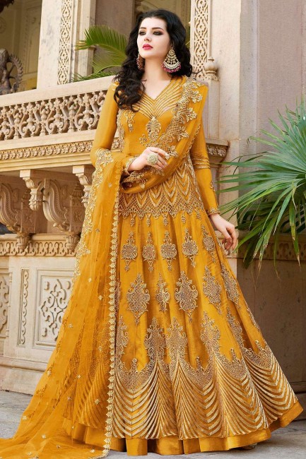 Net Anarkali Suits with Net in Musturd Yellow